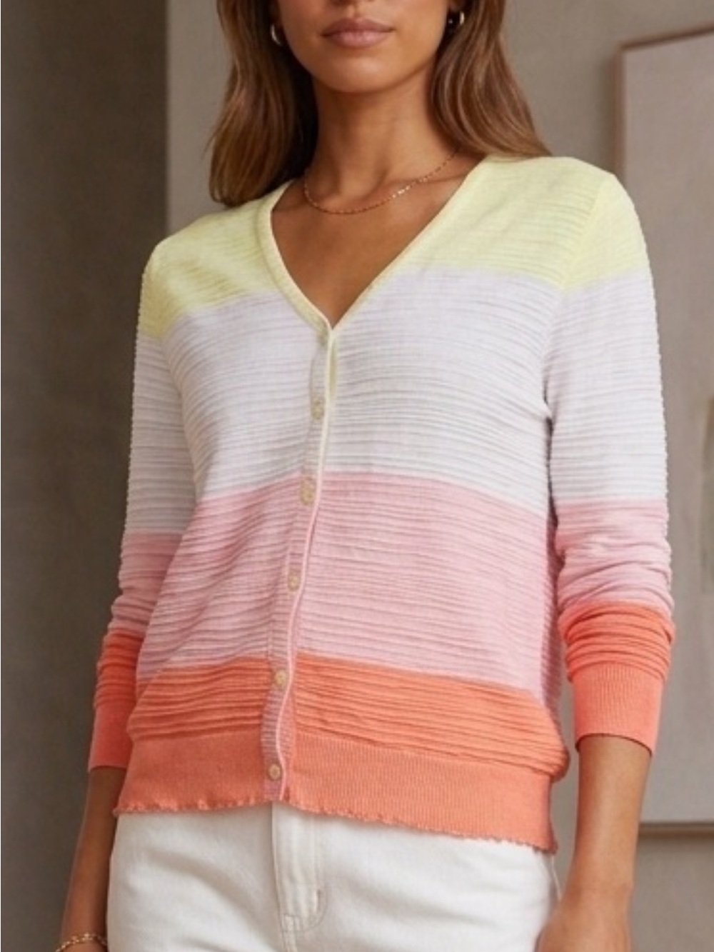 Aldo Martins Pastel Gradient Button-Up Cardigan in Yellow, Pink, Coral